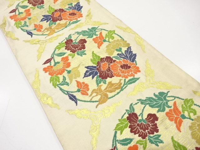 JAPANESE KIMONO / ANTIQUE FUKURO OBI / SILK / WOVEN FLOWER ROUNDEL